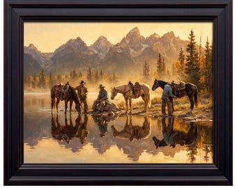 Cowboys Horses Lake Grand Tetons Print | Western Mountain Landscape Wall Art
