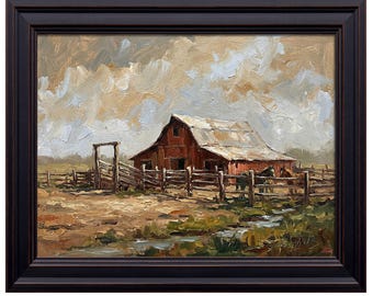 Vintage Red Barn Landscape Print, Rustic Western Farmhouse Wall Decor