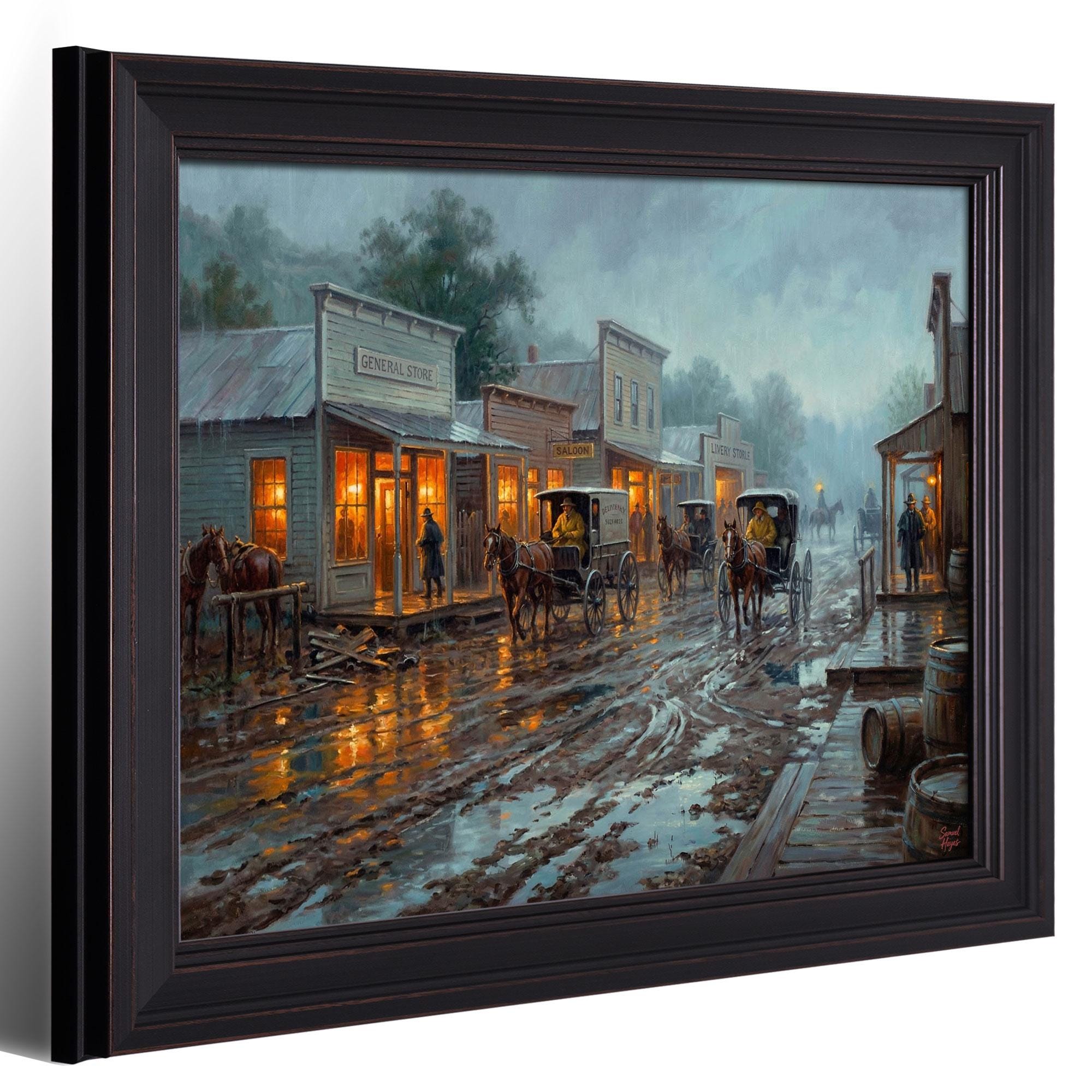 Vintage Old West Town Rain Print, Saloon Stagecoach Western Wall Decor ...