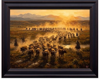 Cowboys Cattle Drive Sunset Print – Vintage Western Landscape Wall Decor, Rustic Painting