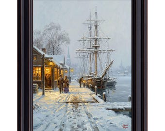 Victorian Sailing Ship Print | Snowy Harbor Winter Nautical Wall Decor