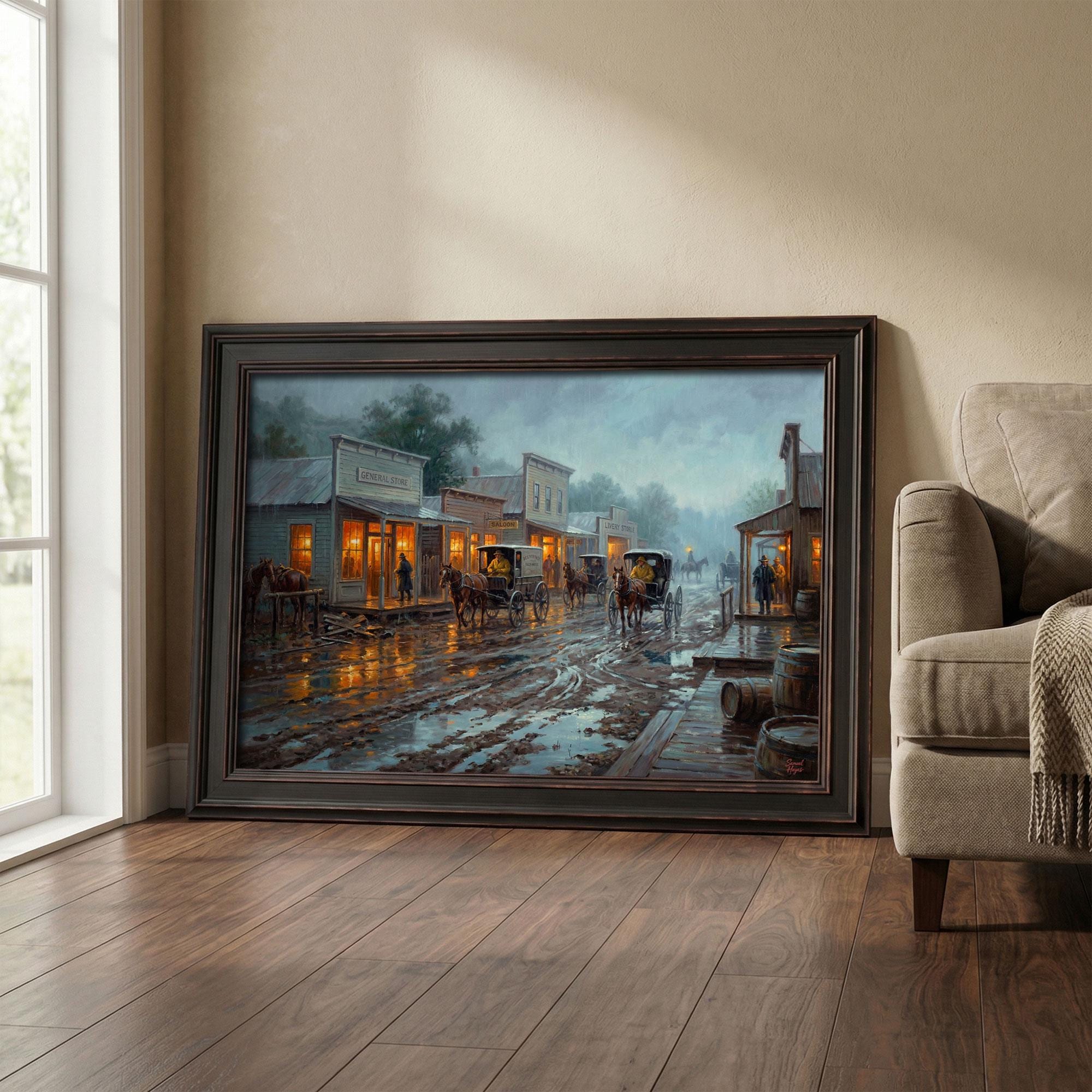 Vintage Old West Town Rain Print, Saloon Stagecoach Western Wall Decor ...