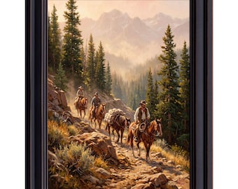 Cowboys Pack Horses Mountain Trail Print – Vintage Old West Landscape Wall Art