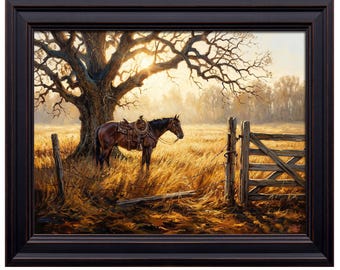 Saddled Horse Oak Tree Sunset Print | Rustic Western Landscape Wall Decor