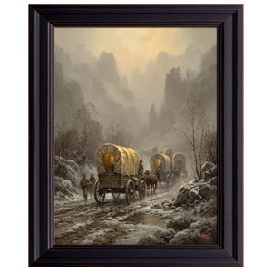Covered Wagon Train Print, Western Pioneer Landscape, Old West Painting, Rustic Cabin Decor