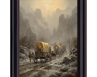 Covered Wagon Train Print, Western Pioneer Landscape, Old West Painting, Rustic Cabin Decor