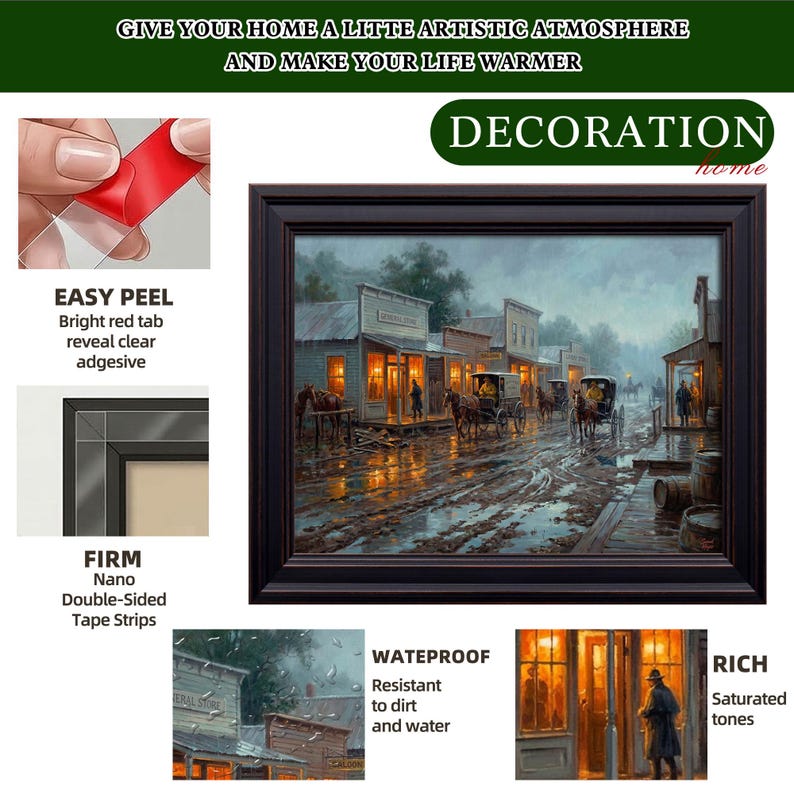 Vintage Old West Town Rain Print, Saloon Stagecoach Western Wall Decor ...