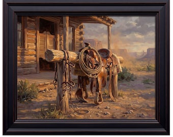 Western Saddles Log Cabin Porch Print | Vintage Old West Landscape Cowboy Painting