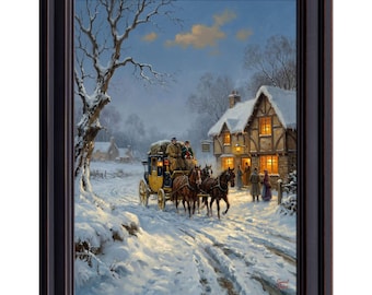 Horse-Drawn Stagecoach at Snowy Village Inn Print, Vintage Christmas Winter Landscape Wall Decor
