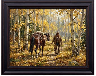 Cowboy Horse Autumn Aspen Forest Print | Western Mountain Landscape Wall Decor