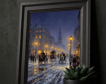 Victorian Horse Carriages Snowy London Night Print, Vintage Winter City Landscape Wall Decor