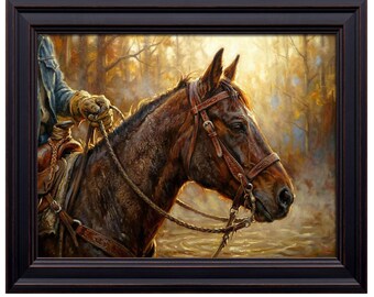 Saddled Horse Autumn Forest Stream Print | Western Equestrian Portrait Wall Decor
