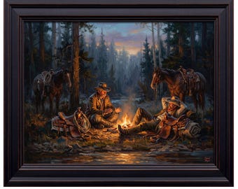Cowboys Campfire Scene Print – Vintage Western Sunset Landscape Wall Art