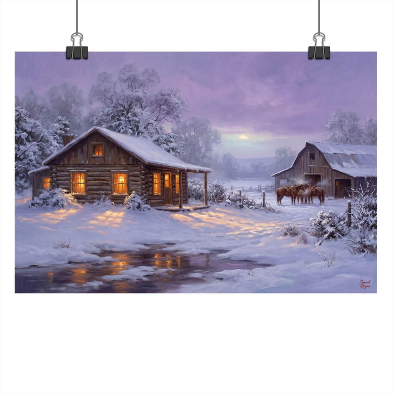 Winter Log Cabin Horses Print | Rustic Snowy Landscape Wall Art ...
