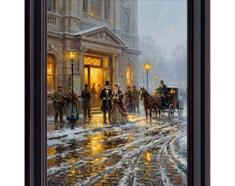Victorian Theater Night Print | Snowy Winter Street Landscape, Rustic Holiday Painting