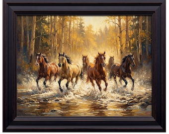Wild Horses Running Stream Autumn Forest Print – Equestrian Landscape Wall Decor