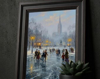 Victorian Ice Skating Print | Snowy Town Square Winter Landscape Wall Decor