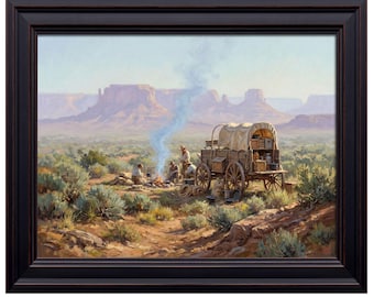 Covered Wagon Cowboy Campfire Print, Western Desert Landscape Wall Art, Vintage Old West Painting