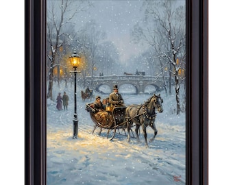 Vintage Horse-Drawn Sleigh Print – Snowy Victorian Street, Rustic Winter Landscape Art