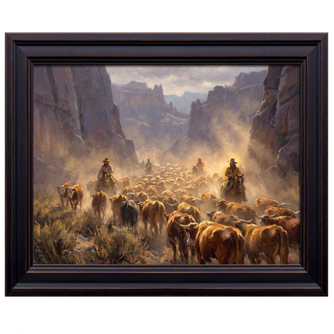 Cowboys Cattle Drive Print, Vintage Western Desert Landscape Wall Art ...