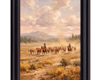 Cowboys Cattle Drive Print, Vintage Western Ranch Wall Art, Rustic Landscape Painting