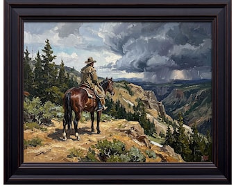 Cowboy Horseback Thunderstorm Mountain Canyon Print, Western Landscape Wall Decor
