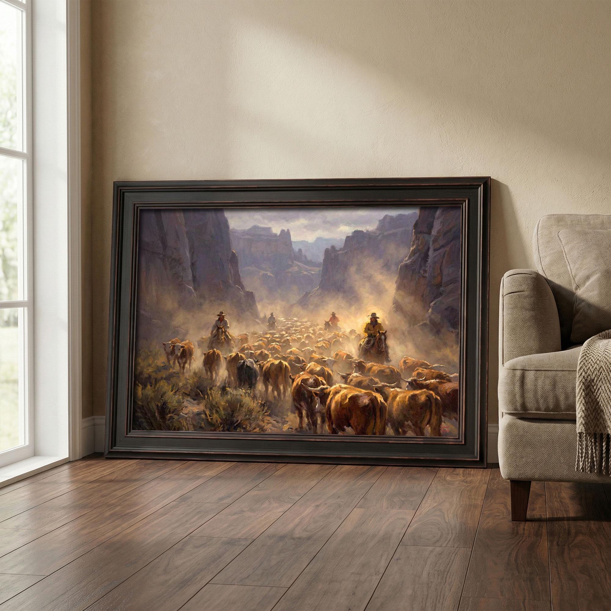 Cowboys Cattle Drive Print, Vintage Western Desert Landscape Wall Art ...