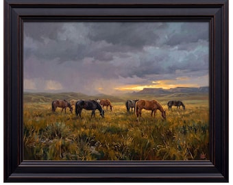 Horses Grazing Sunset Print – Western Plains Landscape Wall Art, Rustic Horse Painting