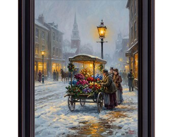 Victorian Flower Cart Print | Vintage Snowy Street Winter Landscape Wall Decor