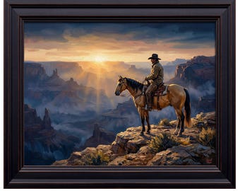 Cowboy Horseback Grand Canyon Sunset Print | Western Desert Landscape Wall Decor