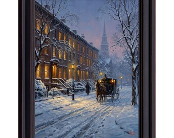Vintage Horse-Drawn Carriage Print – Snowy Victorian Street Winter Landscape Wall Decor