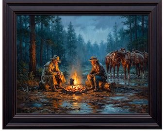 Cowboys Campfire Rain Print | Vintage Western Forest Landscape Wall Art