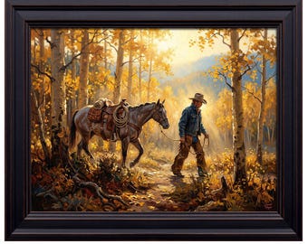 Cowboy Horse Autumn Aspen Forest Print | Western Mountain Landscape Wall Decor