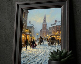 Victorian Christmas Street Print – Horse Carriages, Winter Town Landscape, Rustic Holiday Painting