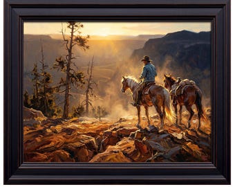 Cowboy Horseback Grand Canyon Sunrise Print | Western Mountain Landscape Wall Decor