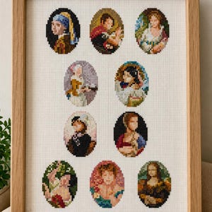 May include: A framed artwork featuring cross-stitch portraits of famous women. The portraits are in oval frames and include the "Girl with a Pearl Earring" and the "Mona Lisa". The frame is made of light-colored wood.