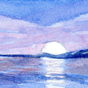 May include: A watercolor painting depicting a landscape with a large white sun setting over a dark blue body of water. The sky features soft horizontal bands of light purple and blue clouds, with a reflection of the sun visible on the water surface.