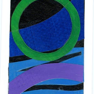 May include: Abstract art piece with a green circle over a blue and black background. A purple curved shape and blue horizontal lines are at the bottom. The artwork is on a white background.