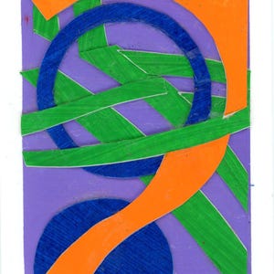 May include: Abstract art piece with a purple background, featuring a blue circle and a blue arc. Green and orange shapes intersect, creating a dynamic composition. The artwork is a collage of cut paper.