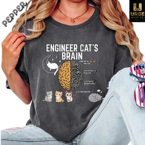 May include: A charcoal gray t-shirt featuring the text "ENGINEER CAT'S BRAIN" above a graphic of a brain split between organic and mechanical parts. The design includes a white crescent moon with a cat, three small kittens, and a sleeping cat.