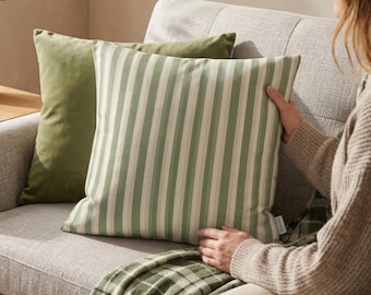 Sage Green Striped Pillow Cover, Neutral Cream Stripe Cushion Cover, Coastal Cottage Farmhouse Sofa Throw Pillow, Modern Japandi Decor