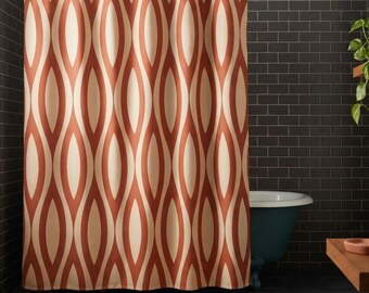 Mid Century Modern Shower Curtain, Terracotta & Cream Retro Geometric Bath Decor, Boho Minimalist Aesthetic Fabric Shower Curtain