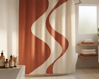 Wavy Shower Curtain, Terracotta Cream Minimalist Bathroom Decor, Mid Century Modern Bath Accent