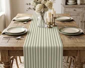 Earthy Minimalist Table Runner - Sage Green Vertical Stripe Long Tablecloth - Japandi Style Organic Modern Fabric Runner- Zen Dining Decor