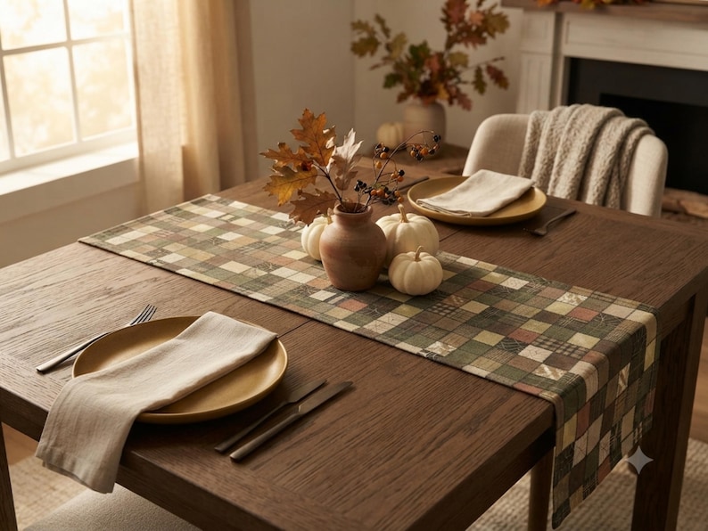 May include: A rectangular table runner featuring a patchwork pattern of squares in shades of olive green, brown, cream, and tan. The runner is placed on a dark wood dining table with two beige plates, white cloth napkins, and a ceramic vase with pumpkins.