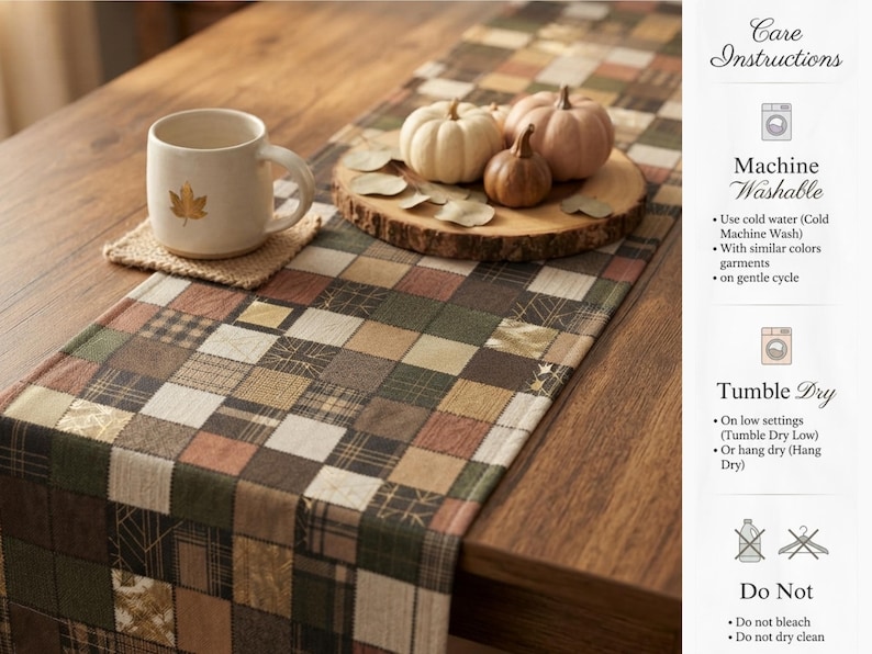 May include: A rectangular table runner featuring a patchwork pattern of squares in shades of brown, green, tan, and cream, with some squares displaying metallic gold geometric lines. The runner is displayed with a ceramic mug and decorative pumpkins.