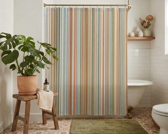 Earthy Minimalist Striped Shower Curtain, Japandi Bath Decor, Modern Biophilic Bathroom Accessories, Spa Style Fabric Curtain