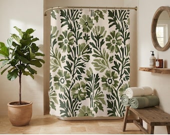 Sage Green Floral Shower Curtain, Earthy Minimalist Botanical Bath Decor, Japandi Spa Style Fabric Curtain, Modern Organic Restroom Accent