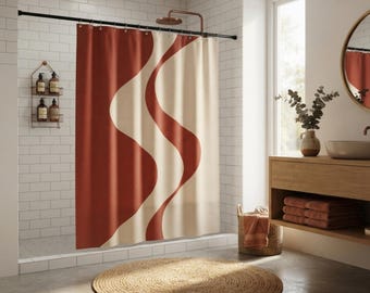 Modern Abstract Wavy Shower Curtain, Earthy Terracotta and Cream Minimalist Bathroom Decor, Organic Mid Century Modern Bath Decor