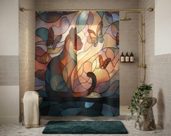 Stained Glass Cat Shower Curtain, Butterfly Mosaic Bath Decor, Cute Cat Lover Gift, Boho Vintage Style Waterproof Fabric Bathroom Curtain